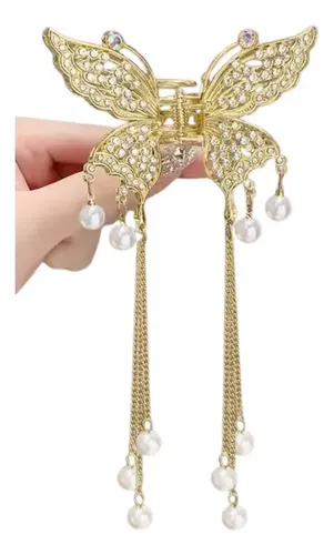Accesorio Broche Hebilla Pelo Mariposa Strass Con Cadenitas
