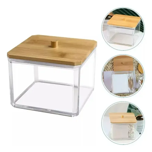 Organizador De Maquillaje Multiuso Acrílico 9×9 C/tapa Bambú