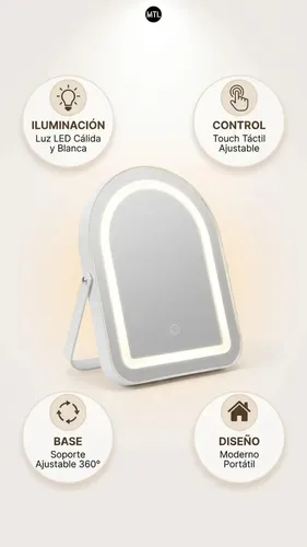Espejo Maquillaje Led Mtl Luz Touch Ajustable Mesa Base Soporte Iluminacion Uniforme Portatil Diseño Moderno Tocador Belleza Hogar Espejo Luz Calida Blanca