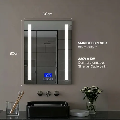 Espejo Bluetooth Luz Led Desempañador Baño Rectangular 80×60