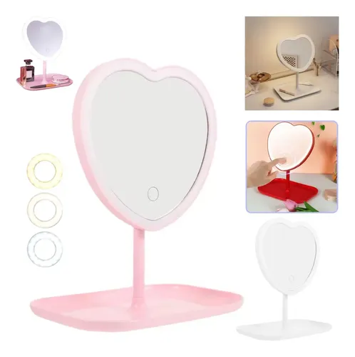 Espejo Maquillaje Corazón Luz LED 3 Tonos USB Blanco 30cm Con Bandeja