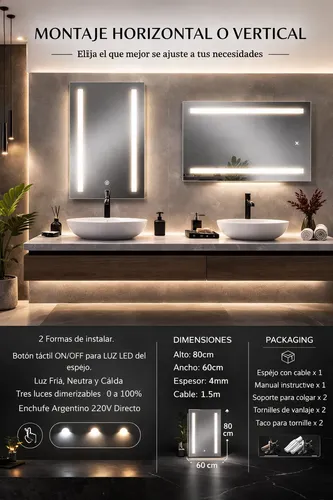 Espejo Led 50cm Rectangular P/baño Tactil Luz Calida/fria