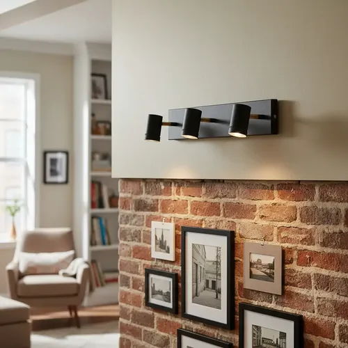 Aplique pared o techo 3 luces dicro LED negro hierro con detalle en bronce | Ideal baño, pasillo o espejo | Diseño técnico con estilo | Incluye lámparas dicroicas | Industria Argentina