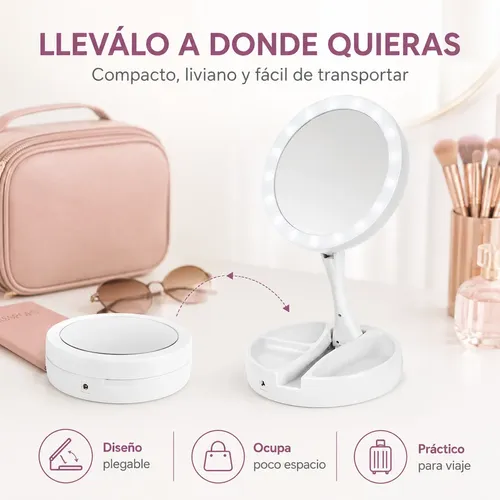 Espejo Redondo Led Plegable Con Aumento 10x Y Organizador