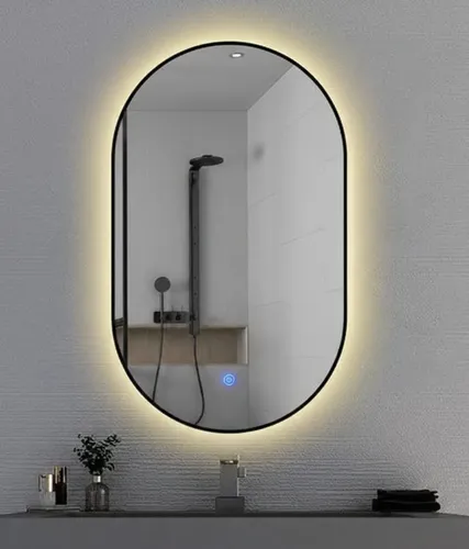 Espejo Ovalado 80×45 Luz Led Cálida Touch Borde Negro