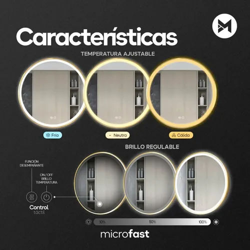 Espejo Redondo con Luz LED Táctil para Baño, Desempañante y Marco Dorado de 60 cm
