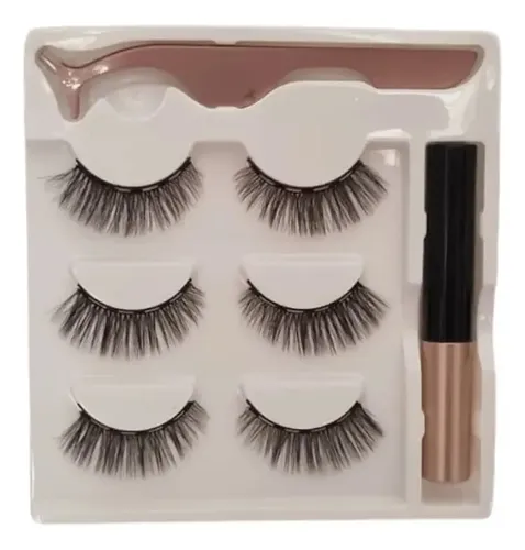 Kit X6 Pestañas Postizas Con Delineador Magnético Y Pinza 05 D 1 Cm 3.5 Cm