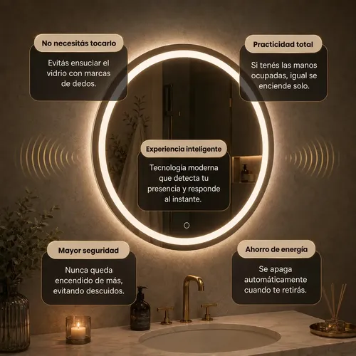 Espejo Inteligente Redondo Luz Led 60cm Sensor Presencia Dec Luz Cálida