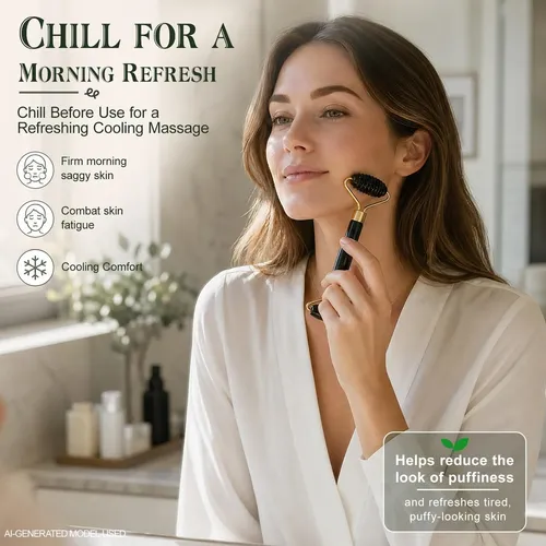 Set Masajeador Facial Jade Roller Gua Sha 3 Piezas Negro