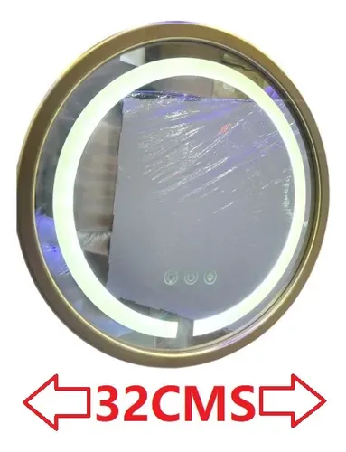Espejo Redondo Pared Led Luz Frio Calido Marco Dorado 32cm