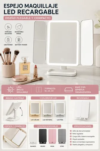 Espejo Maquillaje Led Tríptico Plegable Recargable Usb Touch