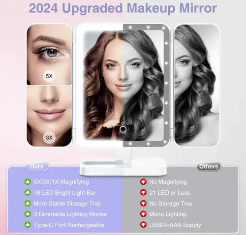 Espejo Maquillaje Tocador Luz Led C/ Aumento Usb Marco Blanco