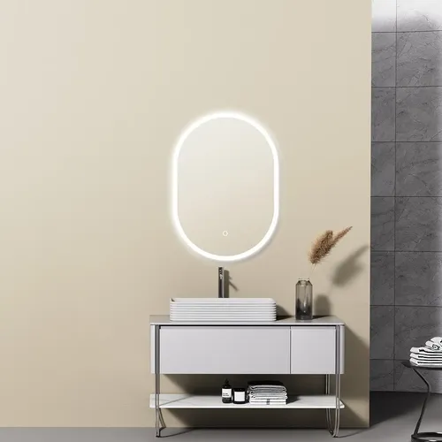 Espejo Luz Led Oval Para Baño Touch Luz Fria Marco Blanco