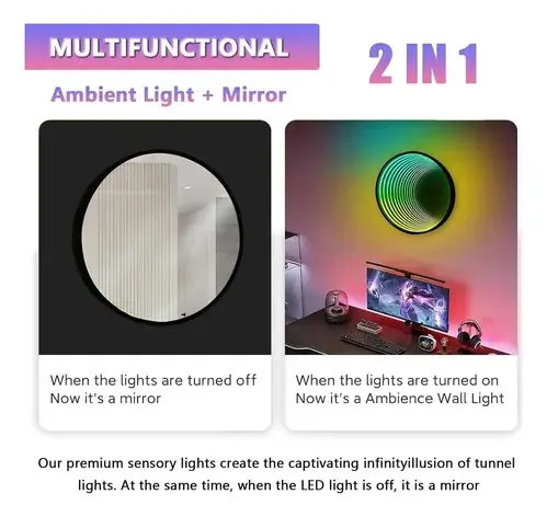 Luz Espejo Infinito 3d Multicolor Colgante 50cm Negro