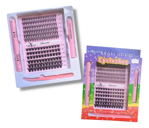 Kit Pestañas Cluster Manjieer Reutilizables Bond Seal Pinza Negro G-41 20p+zw02 Largos Mix De 10 A 16 Mm