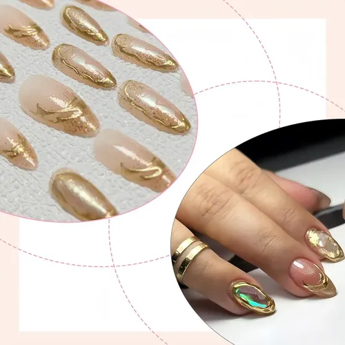 Uñas Press On Soft Gel Nude Con Detalles Dorados Color Golden Aura Nude