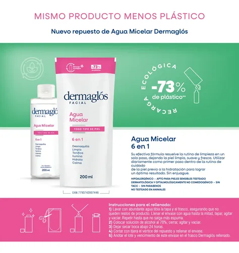 Dermaglós Facial Agua Micelar 6 En 1 Desmaquillante Refill
