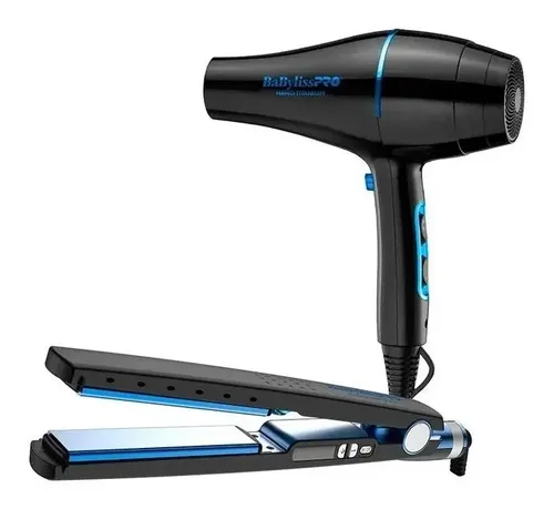 Kit Secador + Planchita Black Babylisspro Doble Voltaje Color Negro
