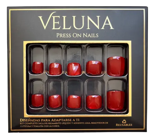 Uñas Press On Para Pies Kit Completo Reutilizable Veluna – Color Rojo Intenso