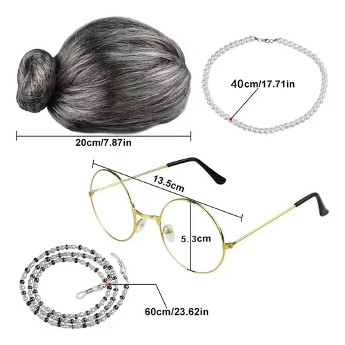 Kit De Disfraz De Collar Y Peluca Con Gafas Grises Antiguas