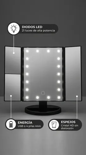 Espejo Mtl Tríptico Con Luz Led Iluminación Portátil Base Reforzada Ideal Maquillaje Profesional Rutinas Belleza Cuidado Facial Tocador Dormitorio Baño Negro Diseño Moderno Elegante Compacto Práctico