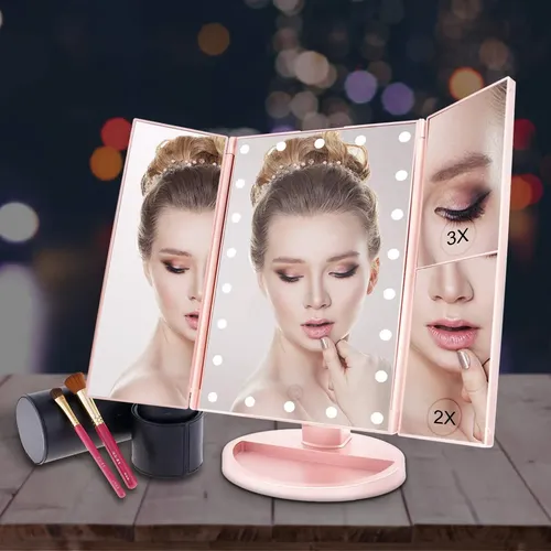 Espejo De Maquillaje Con Luz Led 21 Led 3 Aumentos Rosa
