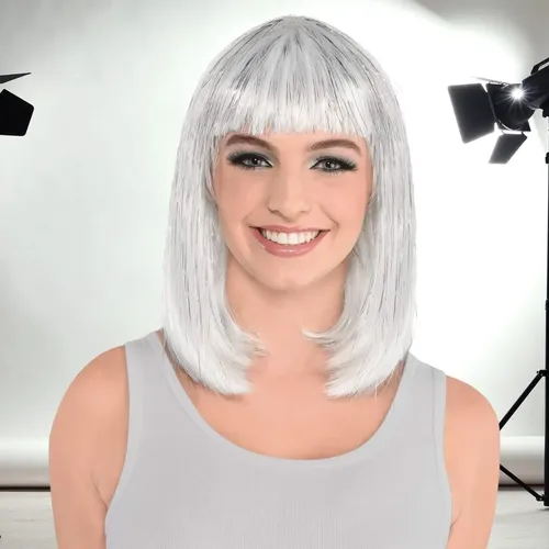 Peluca Bob Plateada, Pelo Corto Y Liso For Fiesta De