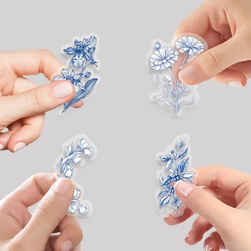 50 Stickers Flores Azules Y Blancas Pack