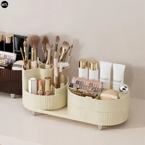 Organizador Maquillaje Brochas Giratorio Mtl Varios Compartimentos Divisorios Pet Abs Estructura Resistente Diseño Moderno Cosmeticos Perfume Skincare Tocador Orden Belleza