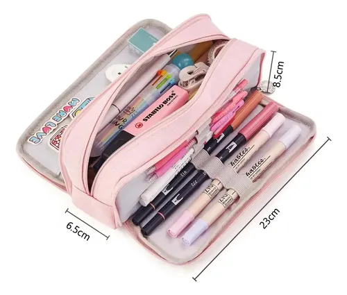 Estuche Organizador Escolar Grande Con 3 Compartimentos Rosa