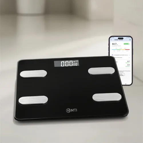 Balanza Digital De Baño Mti Bluetooth Personal Con Aplicacion Medidor Grasa Corporal 180kg Color Negro