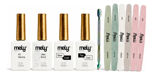 Kit Uñas Semipermanentes Base Top Coat Y Limas Mely