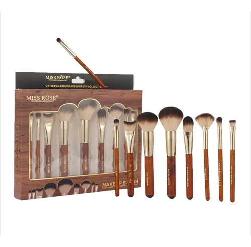 Set 9 Brochas Maquillaje Mango Madera Cerdas Suaves Profesio