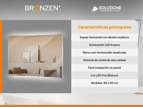 Espejo Premium Luz Led Trasera Horizontal Anodizado 60x80cm