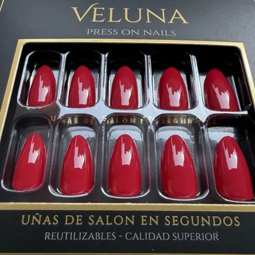 VELUNA Uñas Postizas Press On Cortas Soft Gel Almendradas 30u Reutilizables – Color Bordó