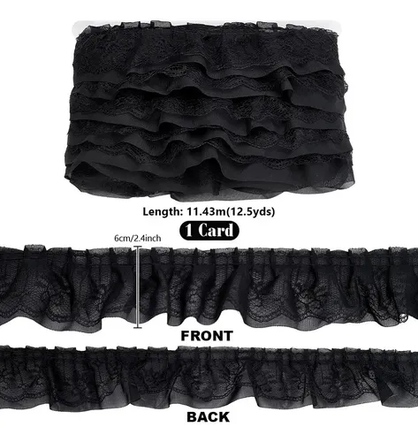 Cinta De Gasa Negra Con Encaje De 12.5 Yardas Negro Lace Edge