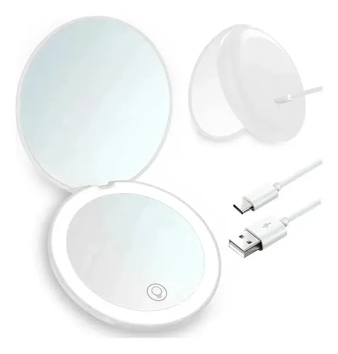 Mini Espejo Compacto C/ Luz Led Cartera Recargable 3 Tonos