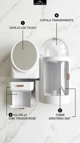 Organizador De Maquillaje NORTH LEVEL Con Espejo Y Luz LED Para Tocador