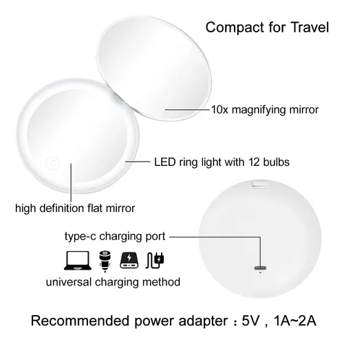 Espejo Compacto Milishow Con Luz Led Y Aumento 1x/10x Blanco