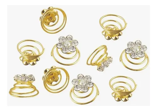 Set 12 Horquillas Flores Strass Transparentes Metal Dorado