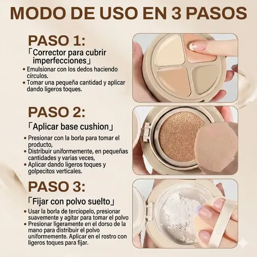 Base Maquillaje Polvo Facial 3en1 Retoque Cushion Mate