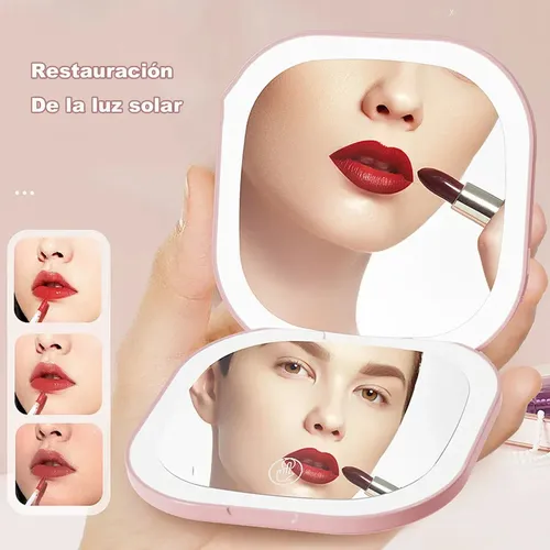 Espejo De Maquillaje De Viaje Recargable Con Led De Doble Cara, Color Rosa