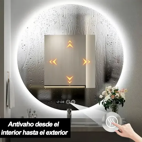 Espejo de Baño Redondo con Luz LED, 60 cm, Antivaho y Táctil