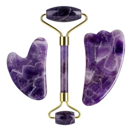 Set 4 Rodillos Faciales Cuarzo Rosa Jade Y Amatista