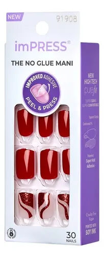 Uñas Postizas Rojas Decoradas Acabado en Gel Cortas Cuadradas Press On imPRESS Kiss Modelo Endlessly Fácil Aplicación Haz tu mani en pocos minutos
