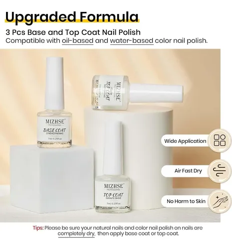 Set De Esmaltes Base Y Top Coat Mizhse Secado Rápido 3pcs