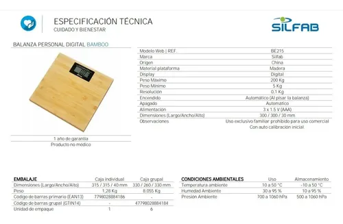 Balanza Electrónica Madera Bamboo Silfab Be215 Hasta 200 Kg