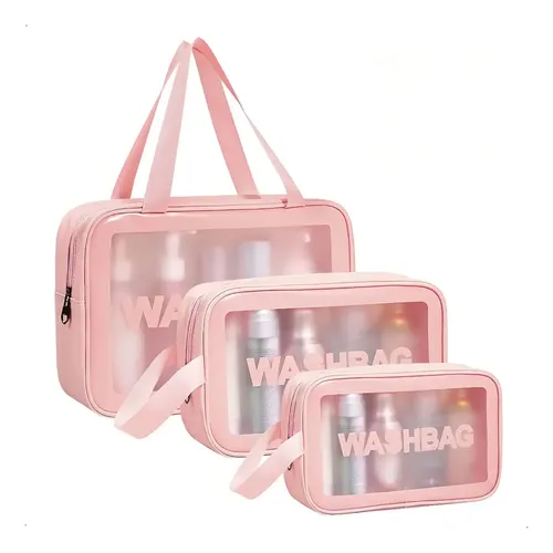 Neceser de 3 Carmela Transparente Rosa para Maquillaje y Artículos de Aseo