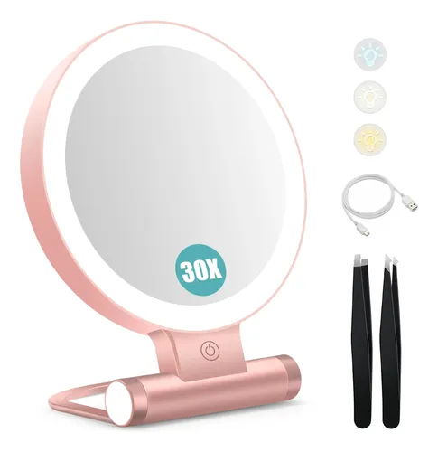 Espejo De Maquillaje Con Luz 30x 1x Plegable Rose Gold
