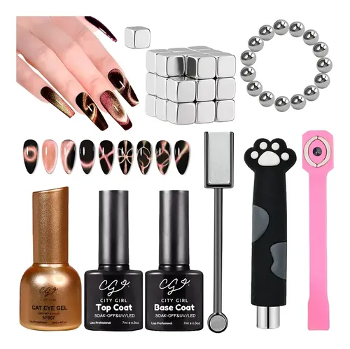 Kit Uñas Esmalte Gel Semipermanente Ojo De Gato Iman Cat Eye